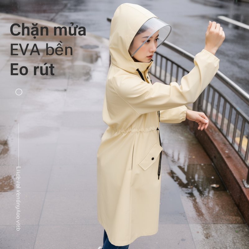 Áo Mưa Dài đi Xe Máy Chống Mưa Lớn Chất Liệu Eva Dây Rút Eo Cổ Tay Chun Mũ Trong Suốt
