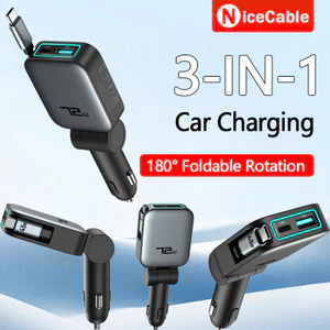 Bộ sạc xe Mini siêu mỏng 3 trong 1 72W siêu nhanh với cáp mở rộng 80cm Type C 180° Bộ sạc xe hơi xoay có thể gập lại