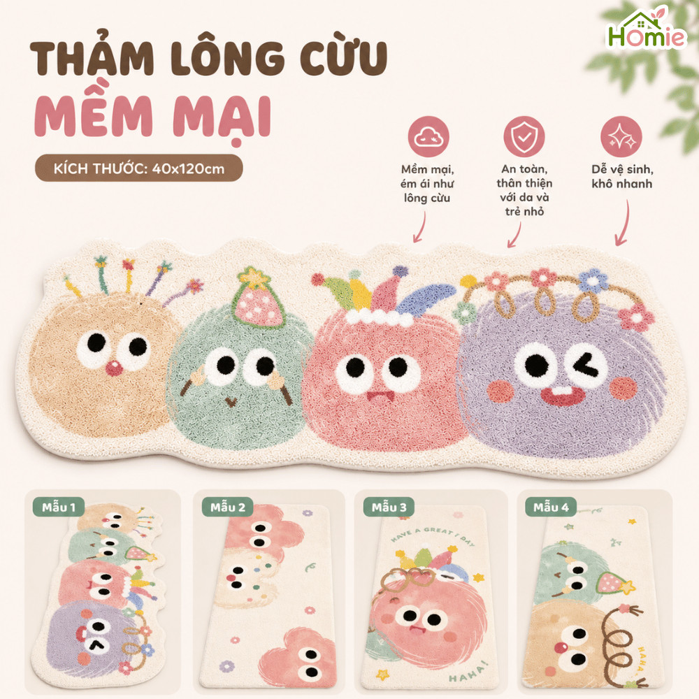 Thảm Trải Sàn Cashmere Lông Cừu Mềm Mại HOMIE Thảm Dài Chùi Chân Hoạt Hình Siêu Thấm Hút Decor Phòng