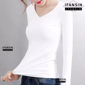 Áo thun IFASIN, Quần lót giữ nhiệt nữ nhung dày cổ chữ V, giữ nhiệt mỏng vừa vặn màu trơn dài tay cổ chữ V hàng đầu dành cho nữ