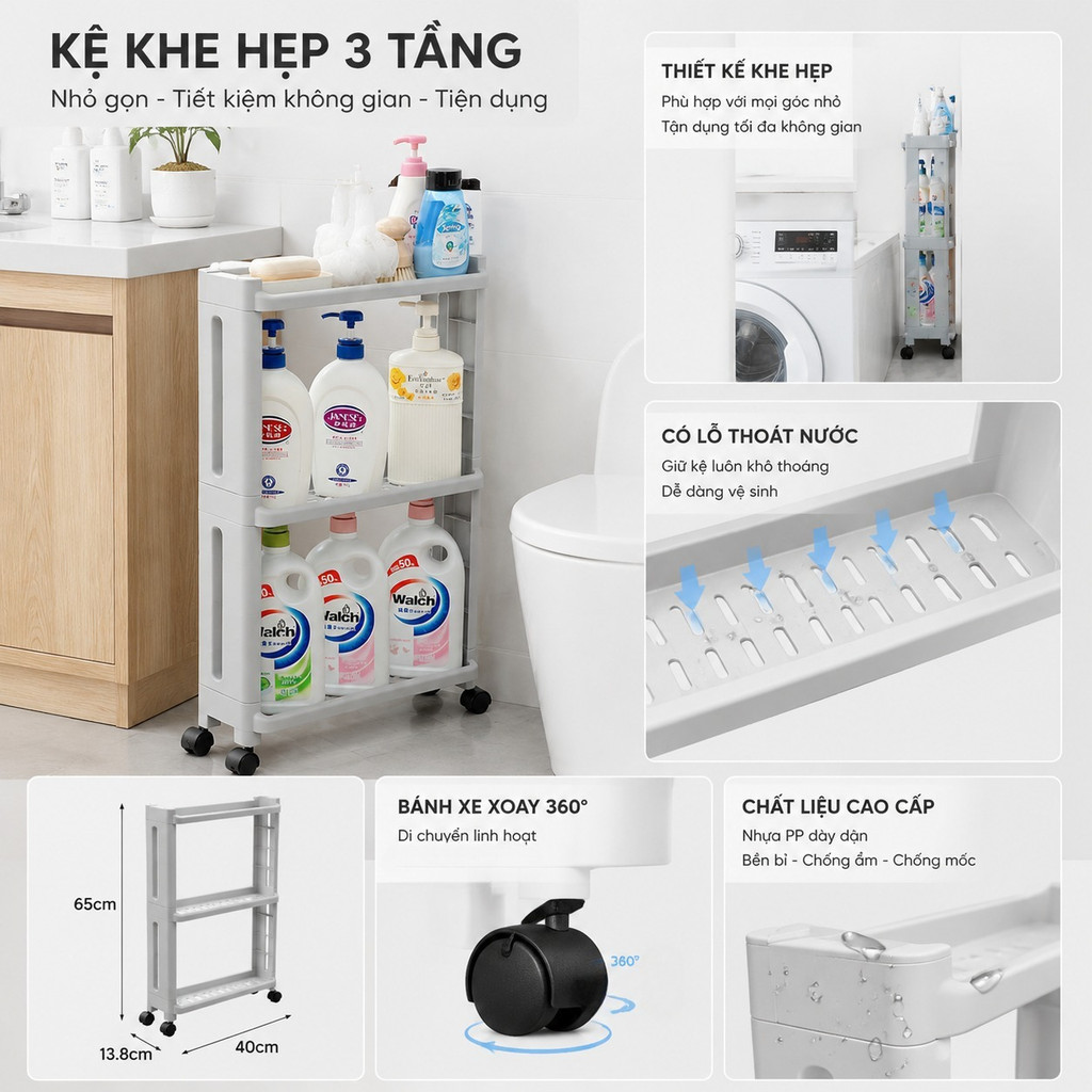 Kệ Hẹp Di Động CozyHome 3 Tầng Có Bánh Xe – Kệ Nhựa Đa Năng Nhà Tắm Nhà Bếp 65x40x13.8cm