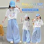 Quần ca rô mỏng mùa hè cho bé gái Phong cách mới Quần ống rộng màu xanh thông thường cho trẻ em