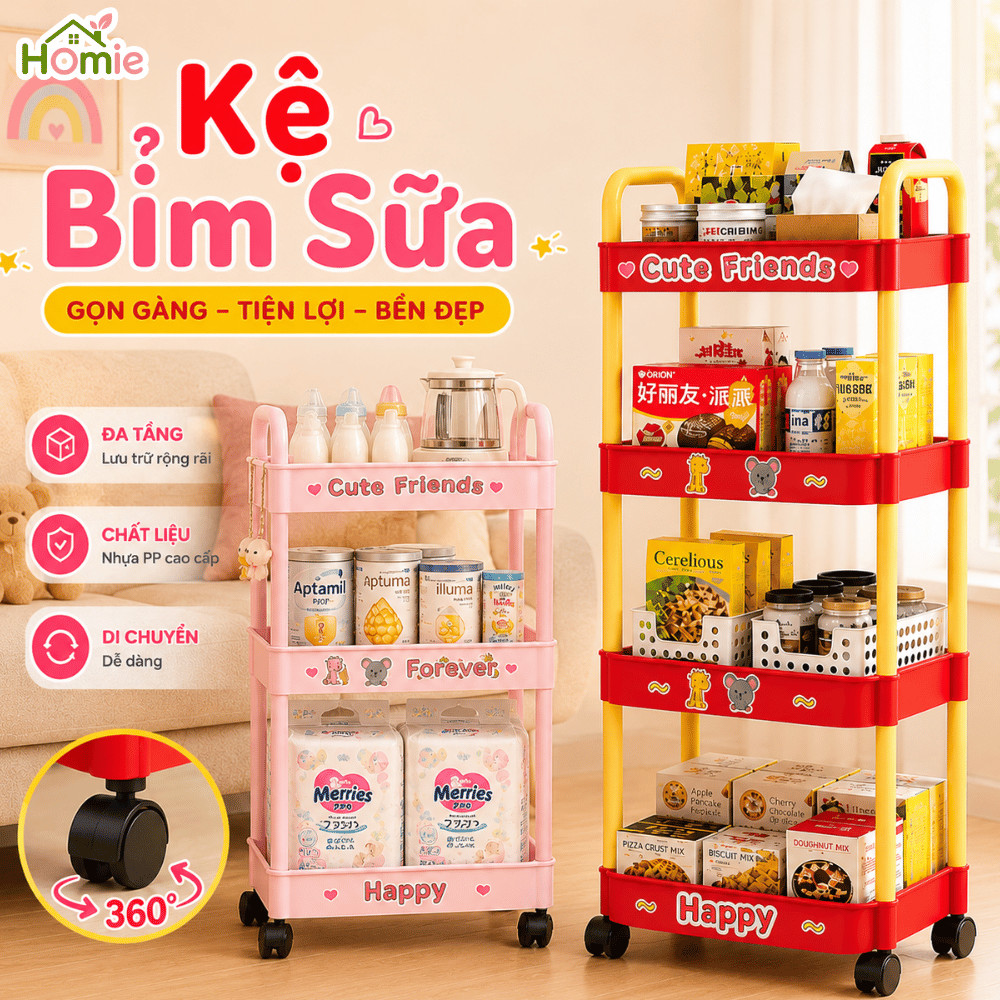 Kệ Đựng Đồ Đa Năng 3-4 Tầng Có Bánh Xe Tiện Lợi HOMIE, Kệ Bỉm Sữa, Đồ Ăn, Kệ Đầu Giường Nhiều Màu