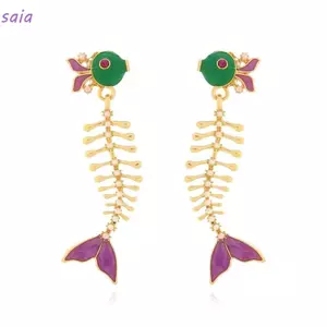 Bông tai xương cá SAIA, Bông tai thiết kế uốn cong dài tráng men nhiều màu, Bông tai phóng đại cổ điển được nối thủ công Gothic Tua rua đuôi cá Bông tai trang sức thời trang