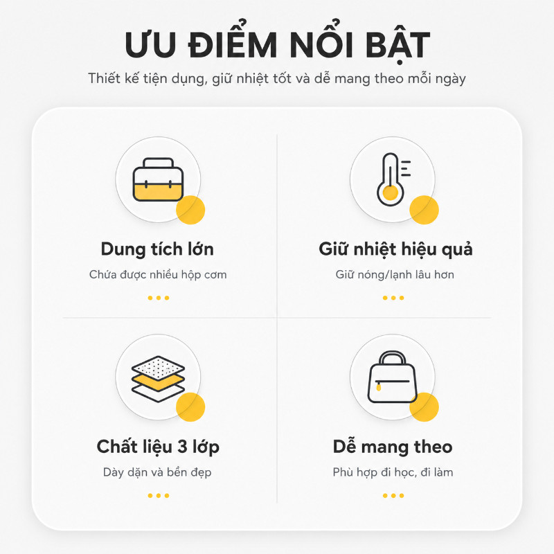 Túi giữ nhiệt hộp cơm văn phòng 3 lớp dày dặn, chống nước chống xước, có quai xách tiện lợi, giữ cơm nóng suốt ngày