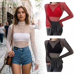 YUUKII Fishnet Top, Áo thun lưới mỏng vừa vặn, Thiết kế gợi cảm mùa hè Chất liệu vải mềm thấm xuyên thấu Áo thun dạo phố thời trang
