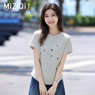 [Miziqi] 2026 Phong Cách Mới Cong Hem Áo Sơ Mi Tay Ngắn Áo Thun Nữ Trang Trọng Vai Thiết Kế Không Đều Top