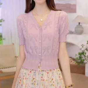 Đẹp Tính Khí Dệt Kim Ngắn Tay Cardigan Nữ 2025 Bướm Rỗng Màu Trơn Phù Hợp Với Top 6.23