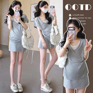Bộ Đồ Bà Bầu Mùa Hè Giả Hai Mảnh Màu Phù Hợp Với Áo Thun + Váy Nâng Bụng Bộ Đồ Hai Mảnh