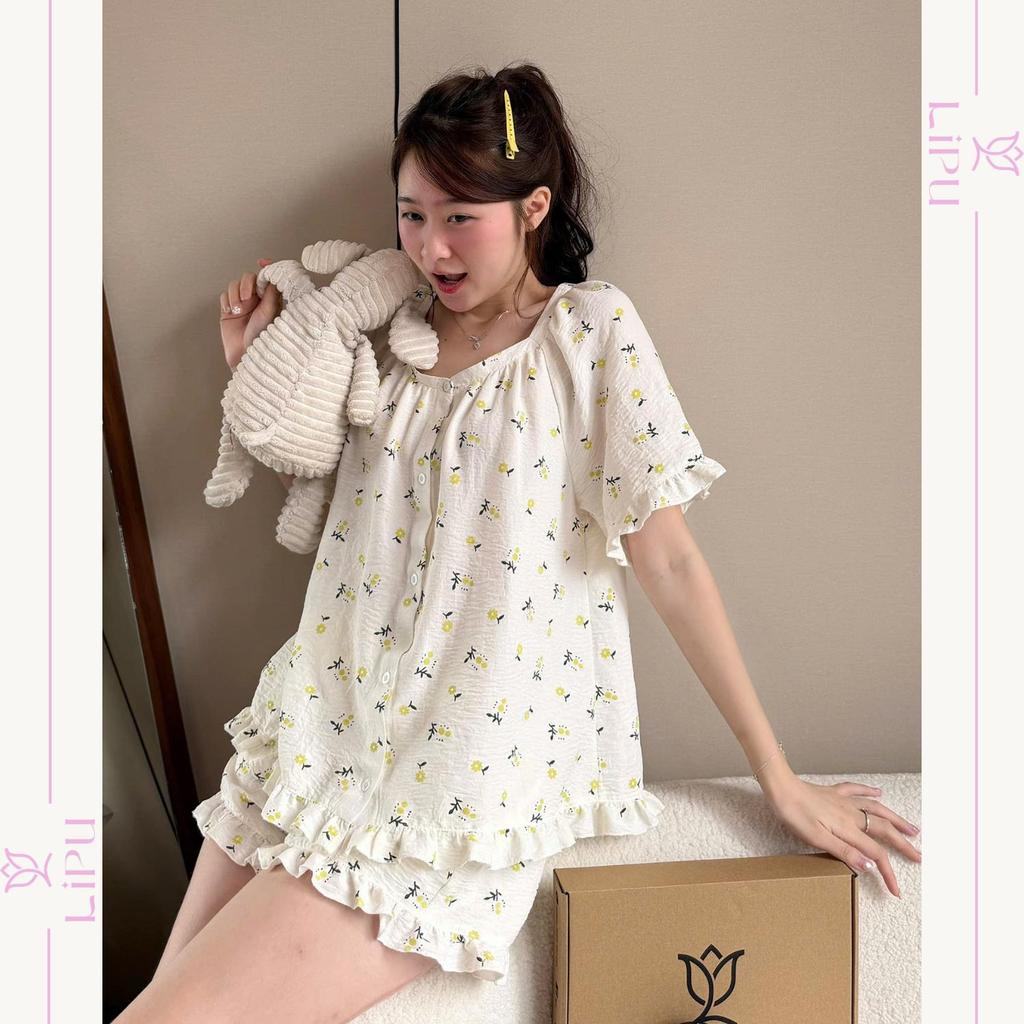Set Pyjama Cộc Cổ Vuông Hoạ Tiết Hoa Nhí Phối Bèo S03 LIPU