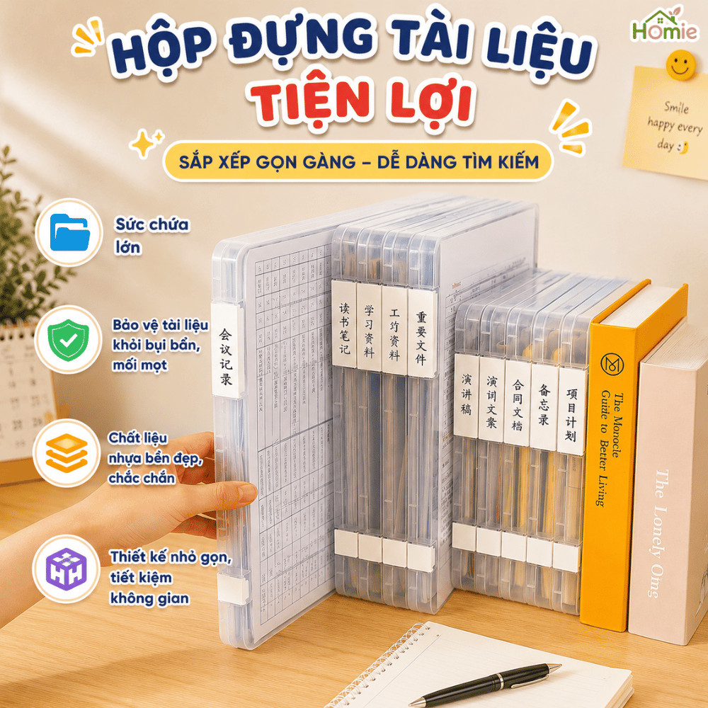 Hộp Đựng Tài Liệu A4 Trong Suốt Có Khóa Cài HOMIE, Hộp Tài liệu Chống Bụi Bảo Vệ Giấy Tờ Lưu Trữ Tốt