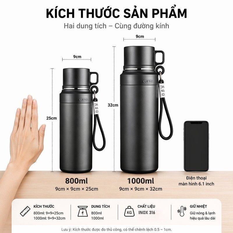 Bình giữ nhiệt 316L cao cấp, kèm cốc trà, dung tích 1000/800ml, màu đen/trắng, chống rò rỉ, giữ nóng/lạnh