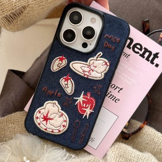 Hàn Quốc Ins Flannel Táo Thêu Trái Cây Vải Denim Đính Hạt Dây Xích Ốp Lưng Điện Thoại iPhone 17Promax 17Pro 14 15 16 Pro Max 13 Chống Sốc Ngọt Ngào Nữ Tính Vỏ Di Động