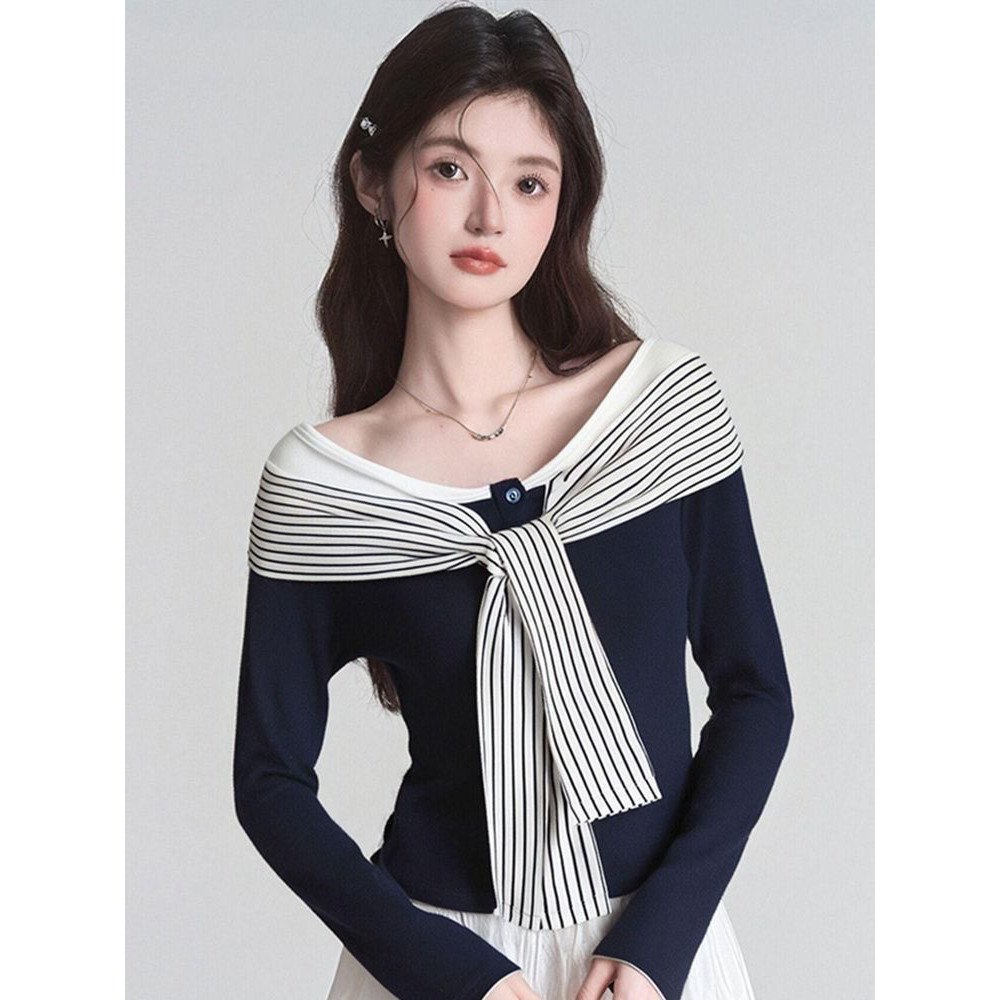 Milyfashion Navy Blue Stitching Sọc Ren Dài Tay T Phong Cách Mới Mỏng Hơn Nhìn Slim-Fit Top Base Quần Áo Nữ