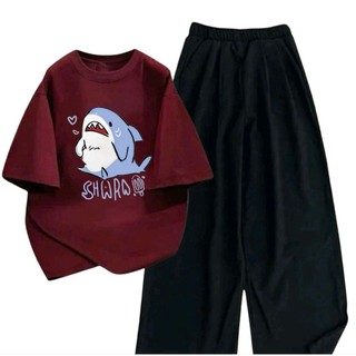 Sét đồ quần ống rộng quần kẻ caro hồng+ kết hợp áo phông form rộng unisex thời thượng cá mập-