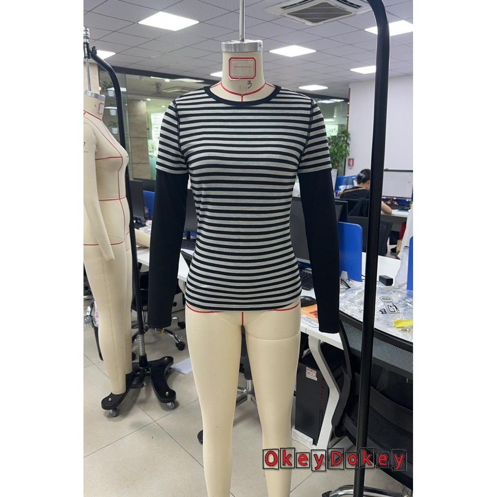 Áo thun nữ cổ tròn dài tay họa tiết sọc cổ điển Y2K, phù hợp mùa thu