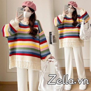 Áo len nữ dáng Oversize sọc cầu vồng, tay dài cổ tròn, chất liệu cao cấp
