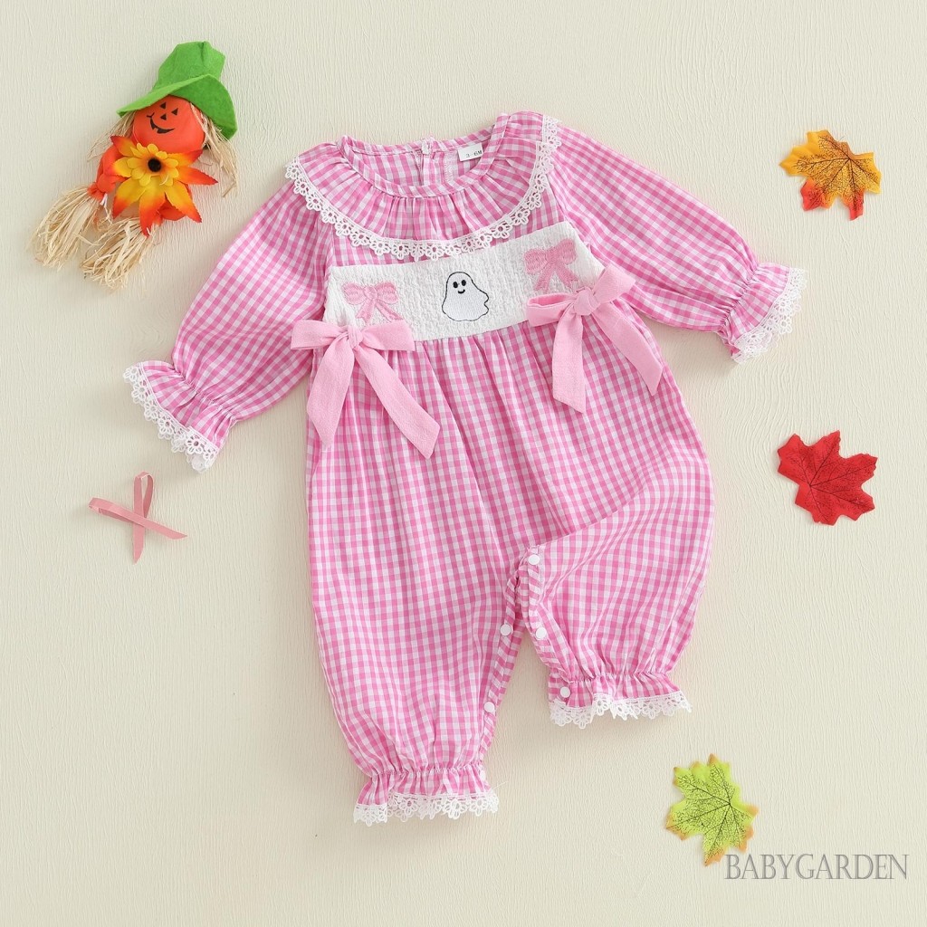 Bộ áo liền quần Halloween cho bé gái - Ren kẻ sọc thêu cổ tròn dài tay cho mùa thu