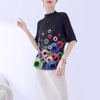 Miyake Áo Thun Nữ Xếp Ly Xuân Hè, Co Dãn, Thiết Kế In Hình