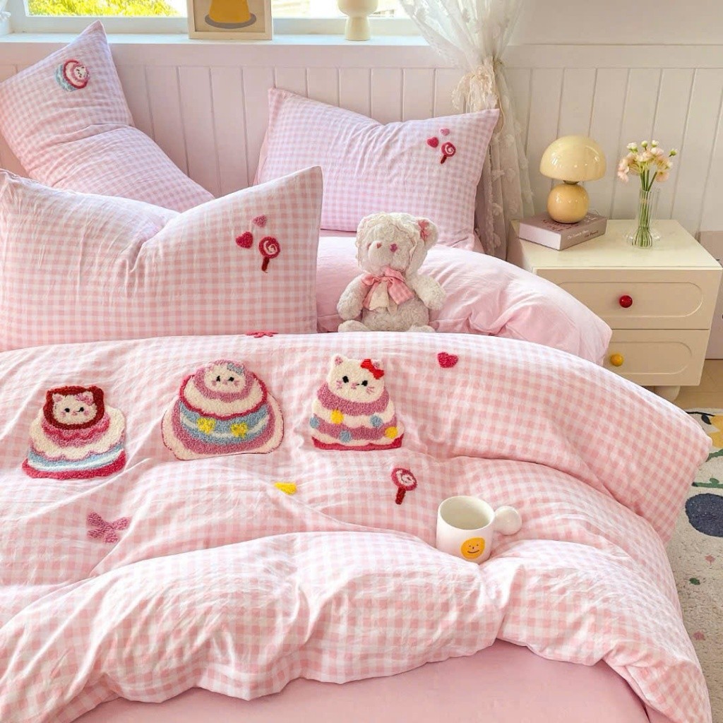 Bộ vỏ chăn ga gối Cotton Đũi Thêu 4 món Memminbedding Luxury họa tiết 5D dễ thương, mềm mịn, thoáng mát- ST312