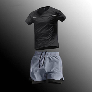 Men's Quick-Drying Outfit Summer T-shirt Workout Clothes Basketball Suit Training Fake Two-Piece Shorts Running Suit Sports Short Sleeve leO9