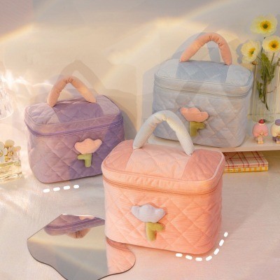 Túi Đựng Đồ Trang Điểm Makeup Cute Hoa Tulip, Túi Vải Đựng Mỹ Phẩm Có Quai Cầm Xách Tay