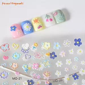 FAVORITEGOODS Nalil Decor, Graffiti Flower Rabbit Nail Decal, Nhãn dán móng tay dập nổi hoa thời trang 5D