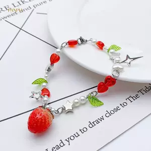 PNPIA- Vòng Tay Quyến Rũ Dâu Tây Tinh Tế Ngọt Ngào Dễ Thương Handmade Đính Hạt Vòng Tay Tươi Đẹp Phù Hợp Với Dây Xích Cổ Tay Cho Nữ Bé Gái Tiệc Quà Tặng