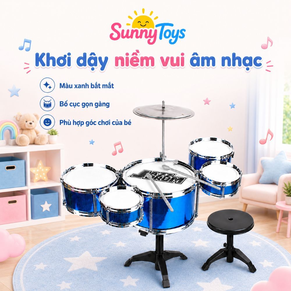 Dàn Trống Jazz Mini Sunnytoys Kèm Ghế - 5 Mặt Trống, 1 Chũm Chọe Cho Bé Vui Chơi Âm Nhạc