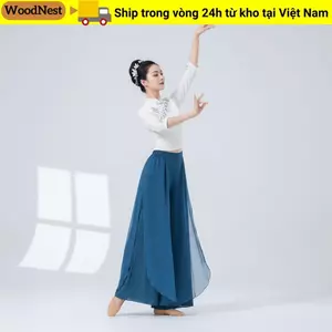 Quần khiêu vũ cổ điển WOODNEST, Quần voan tập luyện hiện đại dáng rộng vừa vặn, Quần voan khiêu vũ ống rộng 2 lớp thanh lịch