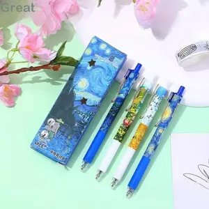 GREAT 4 Cái / hộp Bút Khô Nhanh, Văn Phòng Phẩm Mực Đen ST Press Gel Bút, 0.5mm Van Gogh Tranh Sơn Dầu Bút Báo Chí Sinh Viên