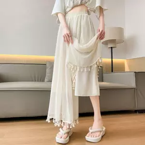 Quần ống rộng lưới có viền nữ mùa hè Phong cách mới co giãn eo cao mỏng hơn trông rộng hơn Váy thường ngày