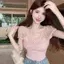 Áo thun tay phồng bằng ren Jacquard xuyên thấu Pure Desire dành cho nữ Phong cách mùa hè Người đàn ông nhỏ thon gọn hơn Áo cổ ren dệt kim bằng lụa băng