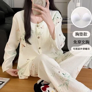 Bộ Đồ Ngủ Mùa Xuân Và Mùa Thu Nóng Với Đệm Ngực Quần Dài Tay Cho Nữ Áo Mặc Nhà Phong Cách Trung Quốc Rộng Rãi