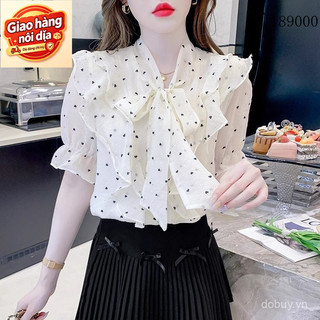 Giao hàng nội địa từ Việt Nam Pháp Nơ Xù Chấm Bi Áo Sơ Mi Nữ Mùa Hè Rời Tay Ngắn Voan Áo Thiết Kế Thời Trang Hàng Đầu