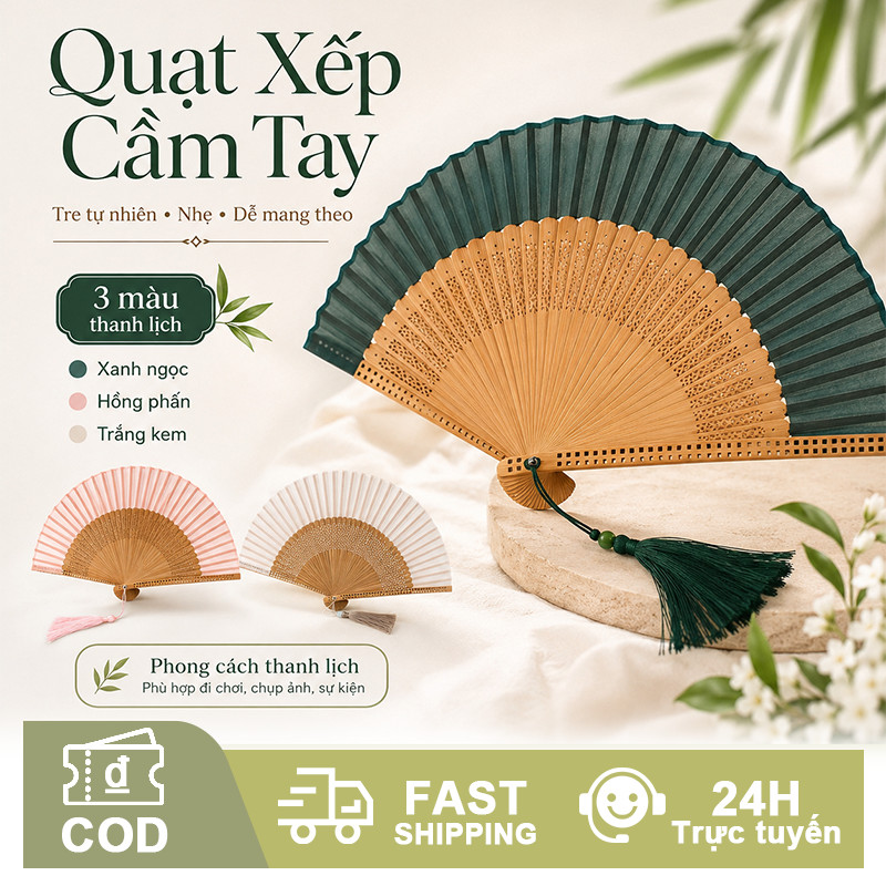 Quạt cổ trang cầm tay có tua rua, quạt múa bằng gỗ, phụ kiện trang trí Tết & sự kiện, quạt xoè đẹp
