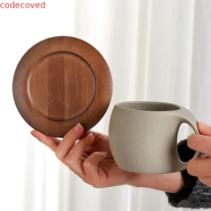 COSCOVED Cốc cà phê nghệ thuật hiện đại bằng gốm thô, Tay cầm tròn phong cách Nhật Bản Cốc Latte bụng lớn, Tối giản với đĩa gỗ Cốc trà gốm mờ cổ điển Trà chiều