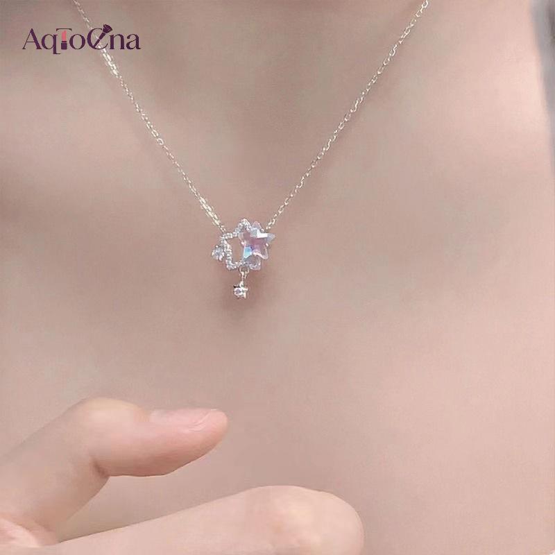 AqToCna Rỗng Kim Cương Giả Đôi Ngôi Sao Nelace Nữ Xương Đòn Dây Chuyền Thiết Kế Cảm Giác Cho Bạn Gái Trang Sức Dự Tiệc Lễ Tình Nhân Quà Tặng AqToCna