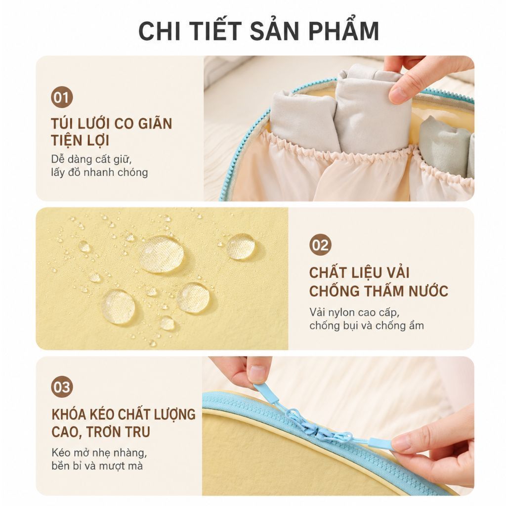 Túi Đựng Đồ Lót Du Lịch 3in1 HOMIE Vải Chống Thấm Gọn Nhẹ Nhiều Ngăn Đựng Nội Y, Tất, Đồ Cá Nhân