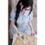 Set Hai Món Áo Tay Bồng Tiểu Thư Cúc Bọc Thêu Hoa Mix Chân Nhún Eo Cột Nơ