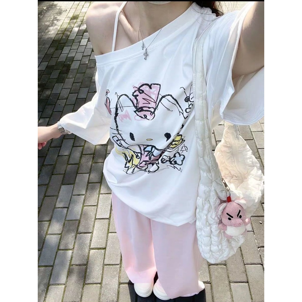 Milyfashion Fun kitty In Hình Slanted Vai Áo Thun Tay Ngắn Mùa Hè Phong Cách Mới Rời Tinh Khiết Desire Top Quần Áo Nữ