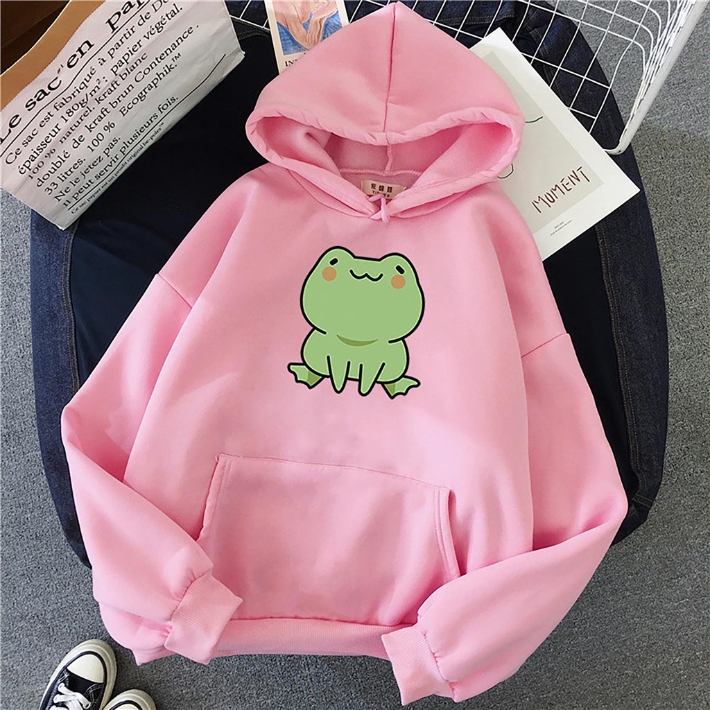 Áo hoodie nữ dài tay có mũ trùm đầu, thiết kế in hình ếch đáng yêu, phù hợp mùa thu