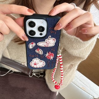 Hàn Quốc Ins Flannel Táo Thêu Trái Cây Vải Denim Đính Hạt Dây Xích Ốp Lưng Điện Thoại iPhone 17Promax 17Pro 14 15 16 Pro Max 13 Chống Sốc Ngọt Ngào Nữ Tính Vỏ Di Động