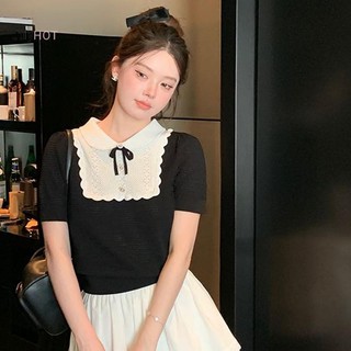 JULYHOT Pháp Nơ Ngọt Ngào Cổ Búp Bê Tay Ngắn Chắp Vá Rỗng Áo Thun Dệt Kim Thường Ngày Cho Nữ Massivedeals