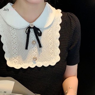 JULYHOT Pháp Nơ Ngọt Ngào Cổ Búp Bê Tay Ngắn Chắp Vá Rỗng Áo Thun Dệt Kim Thường Ngày Cho Nữ Massivedeals