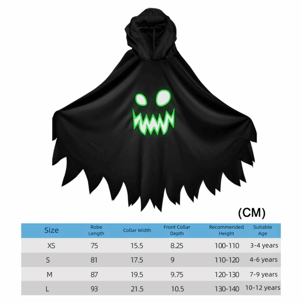 Hood Cape cosplayGhost, thiết kế khuôn mặt ma và phát sáng trong bóng tối, bộ đồ Halloween màu đen trắng dành cho bé trai