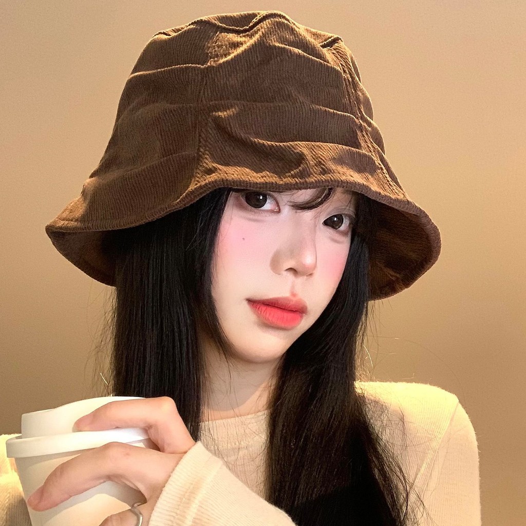 Corduroy Xếp Ly Nón Nữ Phong Cách Nhật Bản Retro, Kích thước Lớn Chu Vi Nhỏ