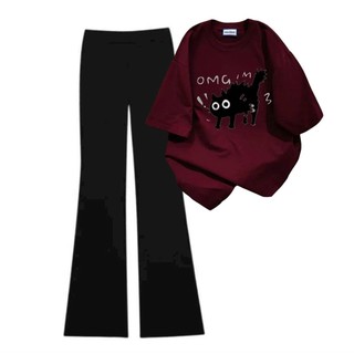 Sét bộ quần ống loe chất co dãn dáng dài +mix áo phông form rộng tay lỡ- mèo OMG-