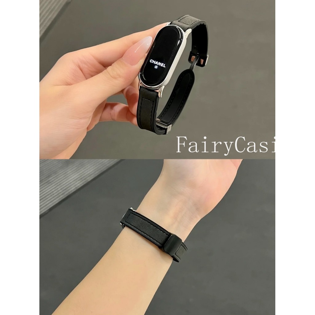 Dây đeo đồng hồ bằng da + silicon cho Xiao mi Band 10 8 9 NFC Dây đeo từ tính cho mi 7 6 5 4 3 Phụ kiện dây đeo cổ tay