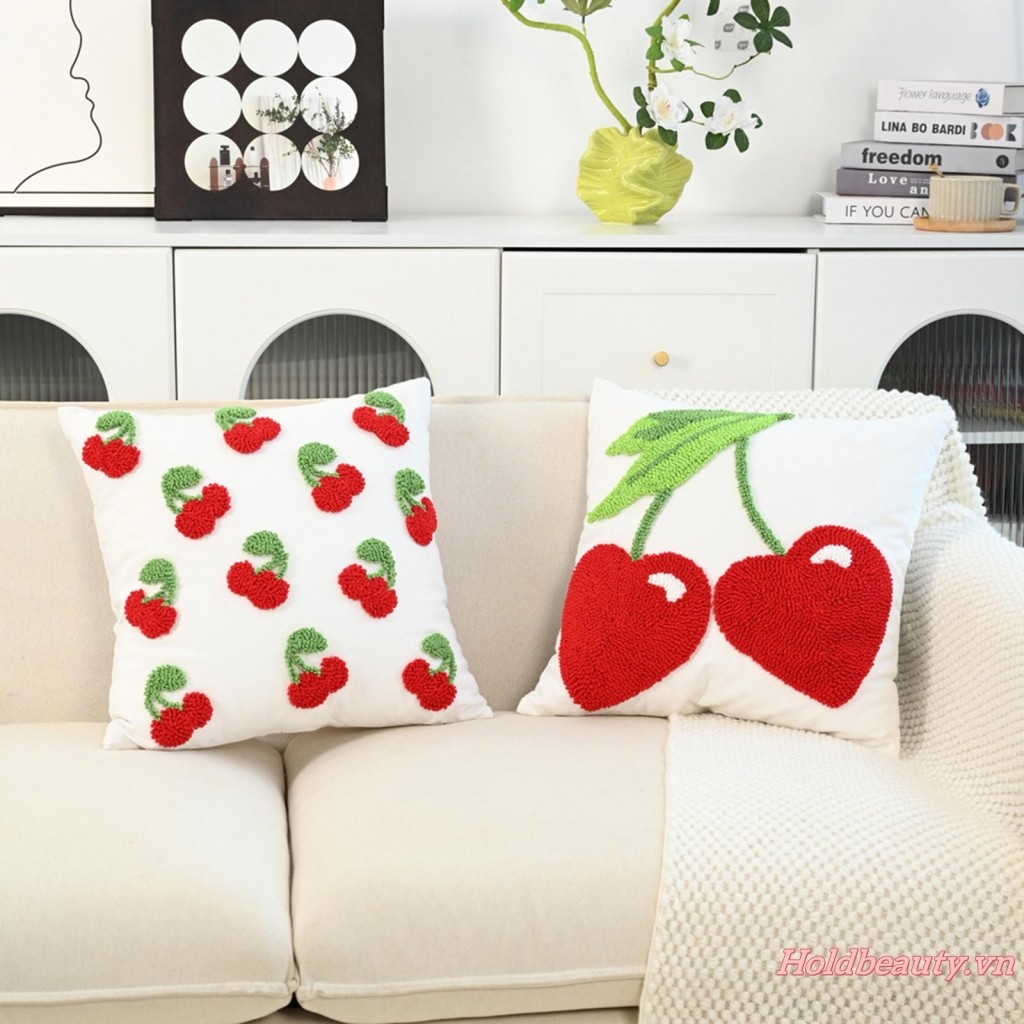 Vỏ đệm dễ thương Vỏ gối ngày lễ thêu hoa anh đào màu đỏ và xanh lá cây cho ghế Sofa